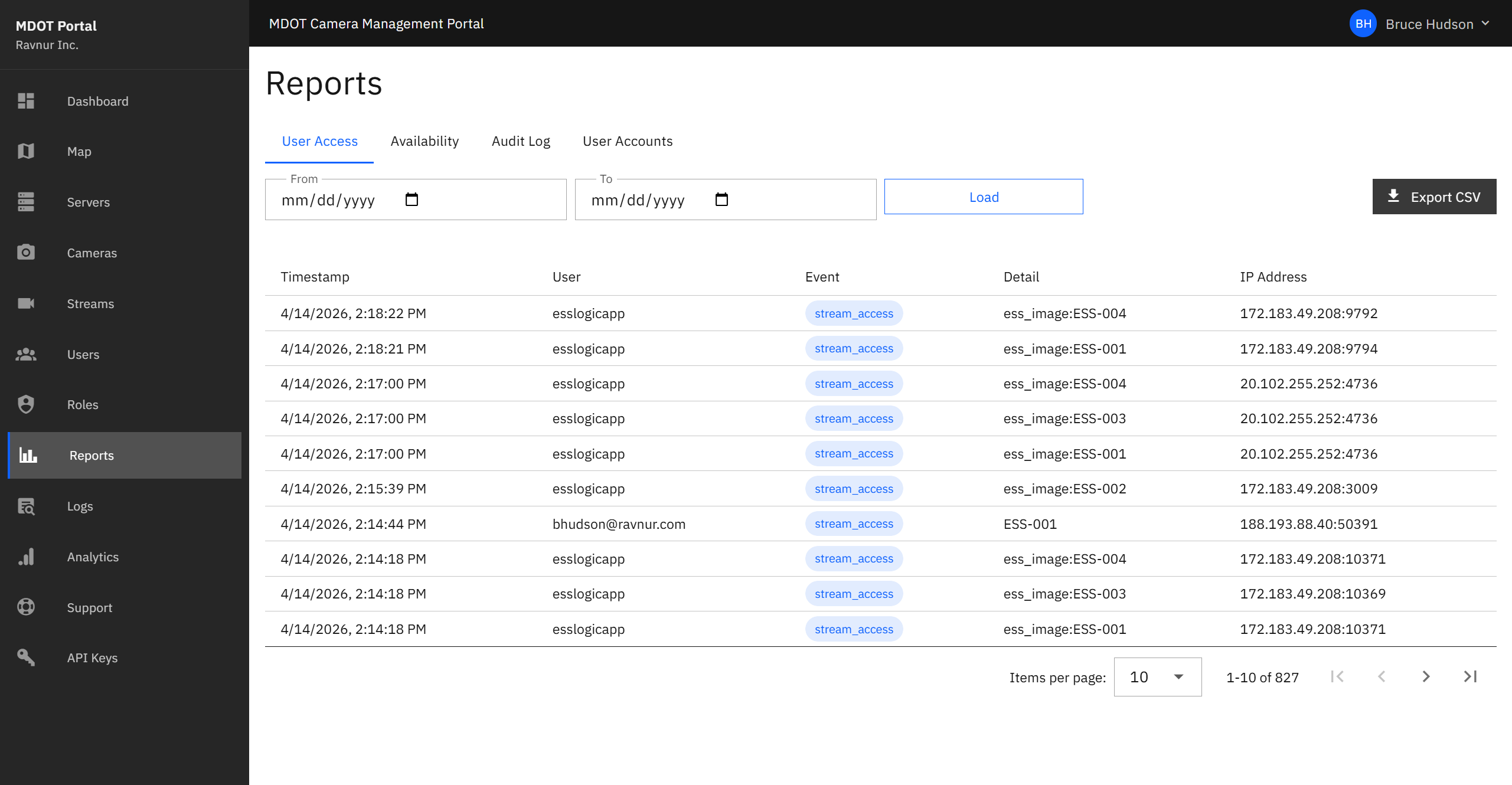User Access Report showing a table of sign-in and camera view events with columns for user, action, camera name, and timestamp.
